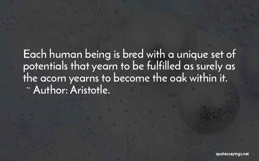 Aristotle. Quotes: Each Human Being Is Bred With A Unique Set Of Potentials That Yearn To Be Fulfilled As Surely As The