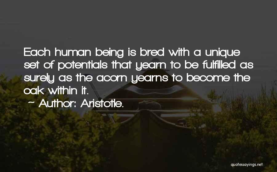 Aristotle. Quotes: Each Human Being Is Bred With A Unique Set Of Potentials That Yearn To Be Fulfilled As Surely As The