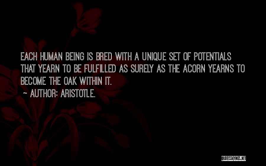 Aristotle. Quotes: Each Human Being Is Bred With A Unique Set Of Potentials That Yearn To Be Fulfilled As Surely As The