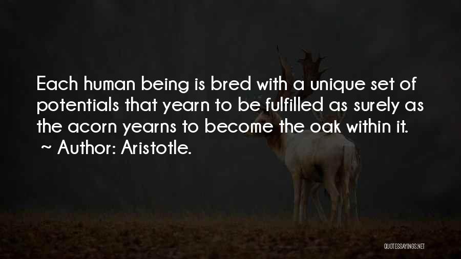 Aristotle. Quotes: Each Human Being Is Bred With A Unique Set Of Potentials That Yearn To Be Fulfilled As Surely As The