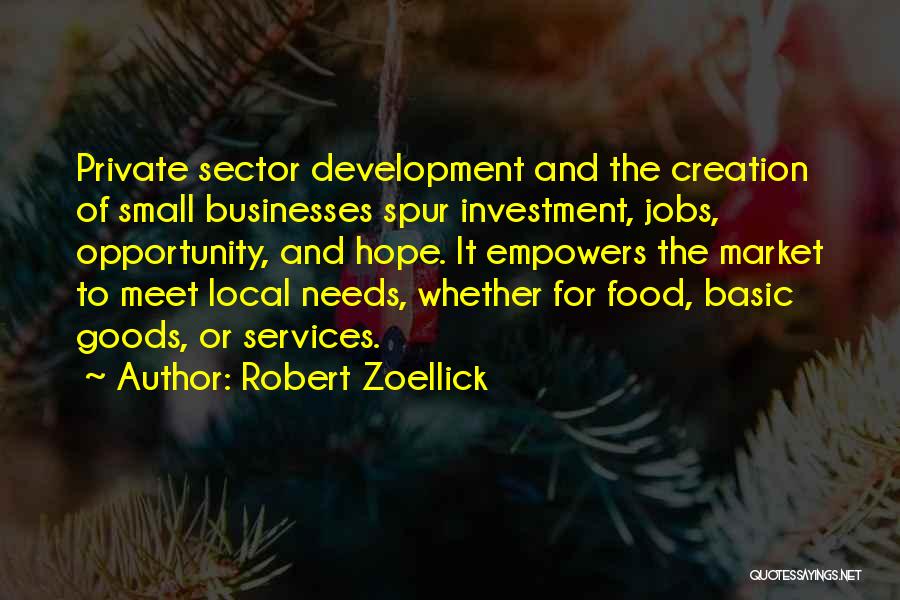 Robert Zoellick Quotes: Private Sector Development And The Creation Of Small Businesses Spur Investment, Jobs, Opportunity, And Hope. It Empowers The Market To