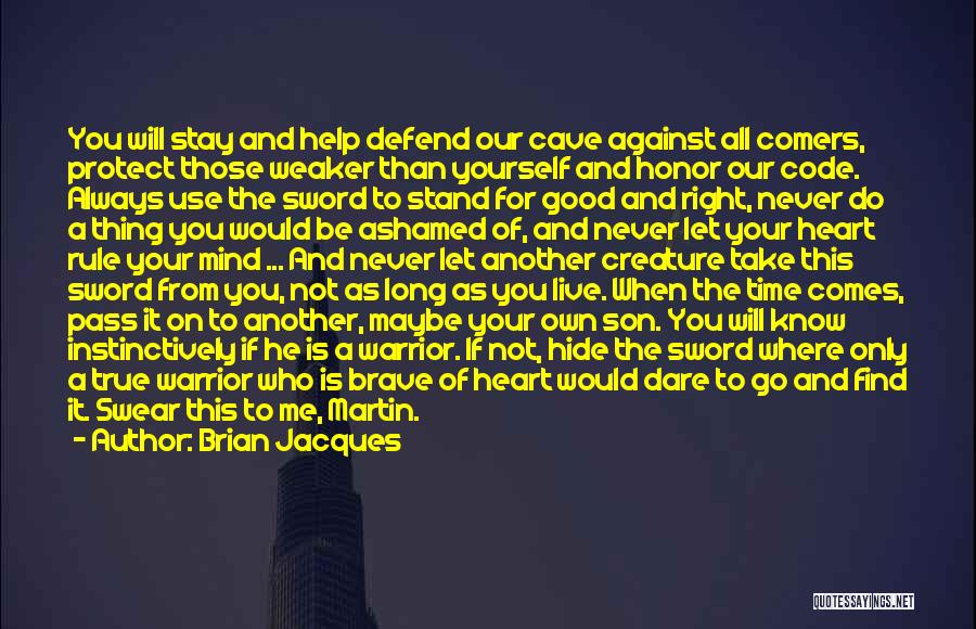 Brian Jacques Quotes: You Will Stay And Help Defend Our Cave Against All Comers, Protect Those Weaker Than Yourself And Honor Our Code.