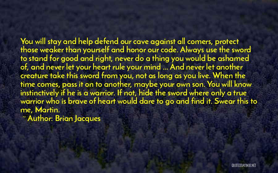 Brian Jacques Quotes: You Will Stay And Help Defend Our Cave Against All Comers, Protect Those Weaker Than Yourself And Honor Our Code.