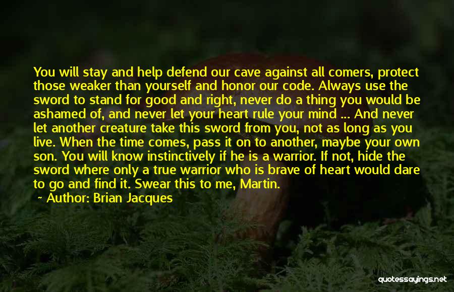 Brian Jacques Quotes: You Will Stay And Help Defend Our Cave Against All Comers, Protect Those Weaker Than Yourself And Honor Our Code.