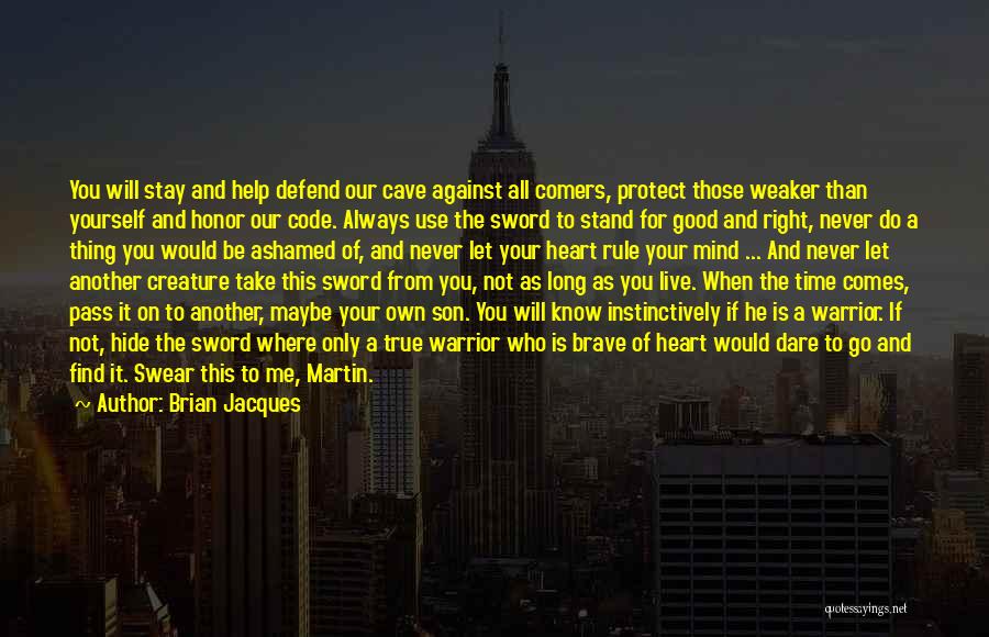 Brian Jacques Quotes: You Will Stay And Help Defend Our Cave Against All Comers, Protect Those Weaker Than Yourself And Honor Our Code.