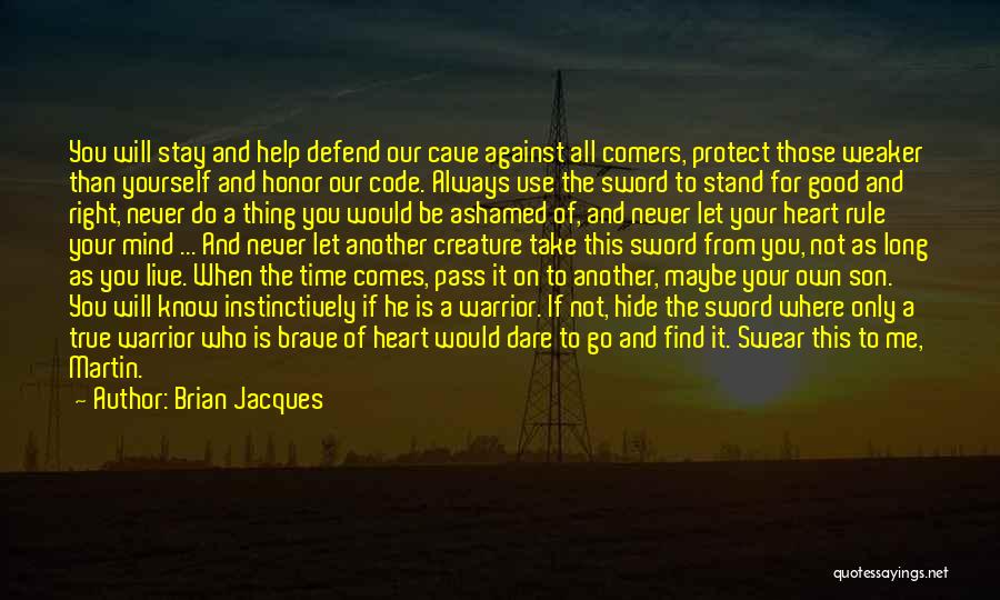 Brian Jacques Quotes: You Will Stay And Help Defend Our Cave Against All Comers, Protect Those Weaker Than Yourself And Honor Our Code.