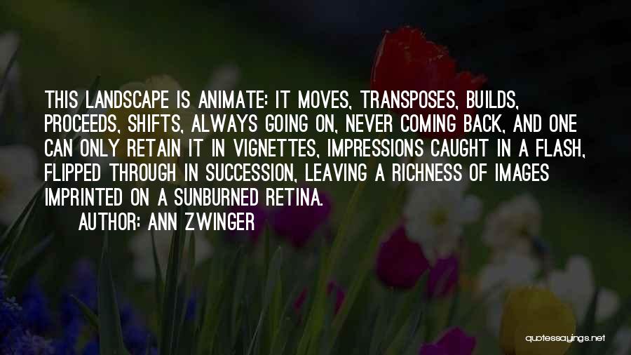 Ann Zwinger Quotes: This Landscape Is Animate: It Moves, Transposes, Builds, Proceeds, Shifts, Always Going On, Never Coming Back, And One Can Only
