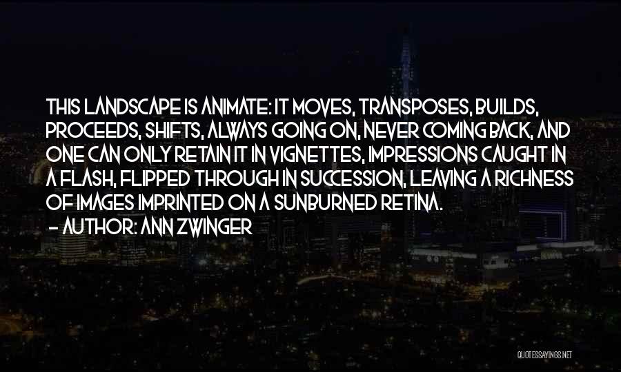 Ann Zwinger Quotes: This Landscape Is Animate: It Moves, Transposes, Builds, Proceeds, Shifts, Always Going On, Never Coming Back, And One Can Only