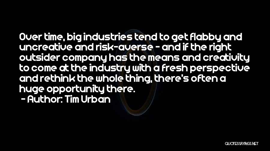 Tim Urban Quotes: Over Time, Big Industries Tend To Get Flabby And Uncreative And Risk-averse - And If The Right Outsider Company Has