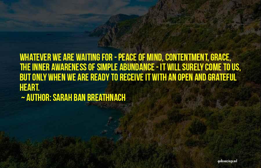 Sarah Ban Breathnach Quotes: Whatever We Are Waiting For - Peace Of Mind, Contentment, Grace, The Inner Awareness Of Simple Abundance - It Will