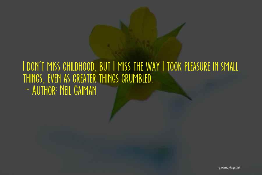Neil Gaiman Quotes: I Don't Miss Childhood, But I Miss The Way I Took Pleasure In Small Things, Even As Greater Things Crumbled.