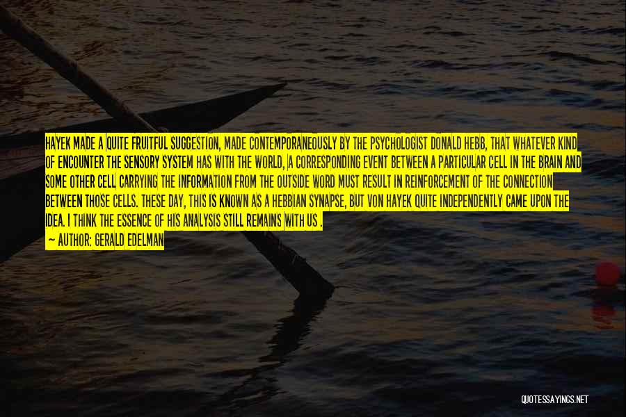 Gerald Edelman Quotes: Hayek Made A Quite Fruitful Suggestion, Made Contemporaneously By The Psychologist Donald Hebb, That Whatever Kind Of Encounter The Sensory