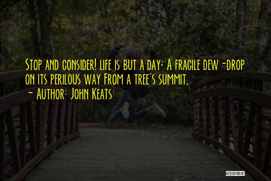 John Keats Quotes: Stop And Consider! Life Is But A Day; A Fragile Dew-drop On Its Perilous Way From A Tree's Summit.