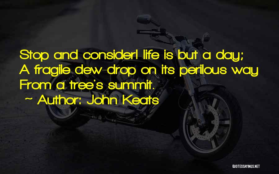 John Keats Quotes: Stop And Consider! Life Is But A Day; A Fragile Dew-drop On Its Perilous Way From A Tree's Summit.