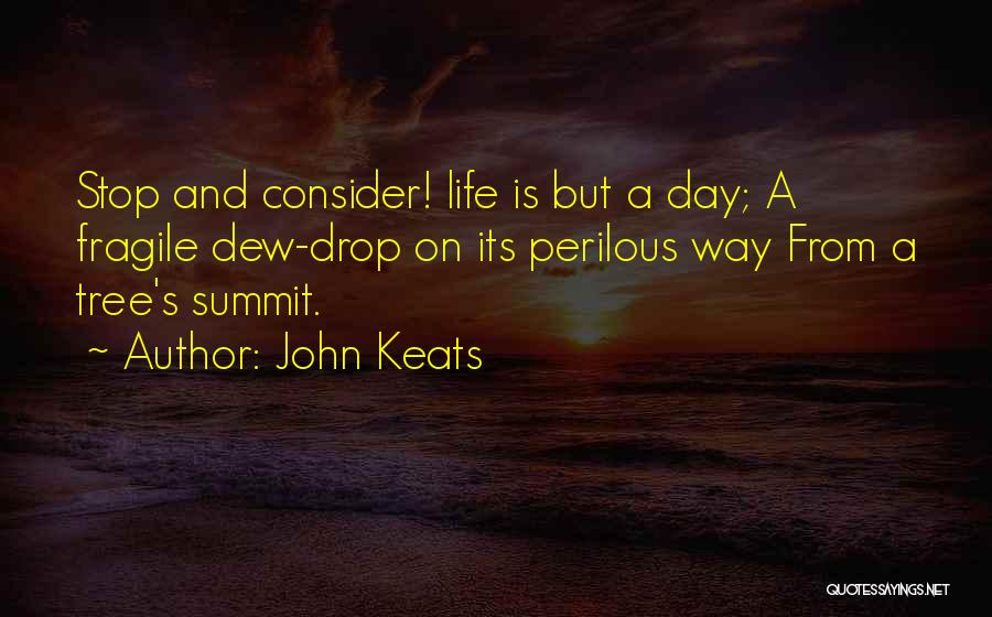 John Keats Quotes: Stop And Consider! Life Is But A Day; A Fragile Dew-drop On Its Perilous Way From A Tree's Summit.