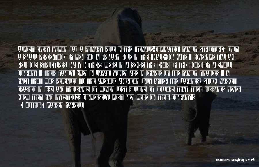 Warren Farrell Quotes: Almost Every Woman Had A Primary Role In The Female-dominated Family Structure; Only A Small Percentage Of Men Had A