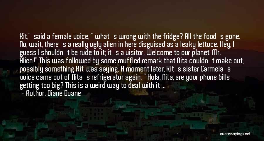 Diane Duane Quotes: Kit, Said A Female Voice, What's Wrong With The Fridge? All The Food's Gone. No, Wait, There's A Really Ugly