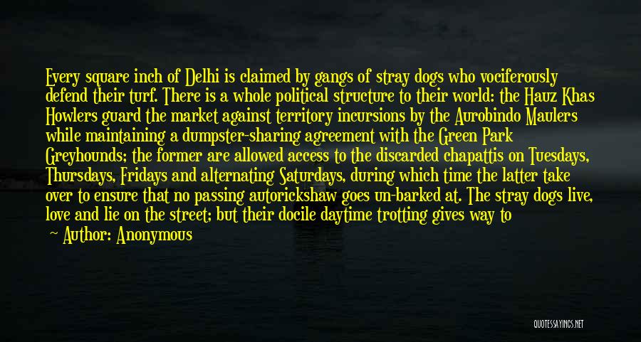 Anonymous Quotes: Every Square Inch Of Delhi Is Claimed By Gangs Of Stray Dogs Who Vociferously Defend Their Turf. There Is A