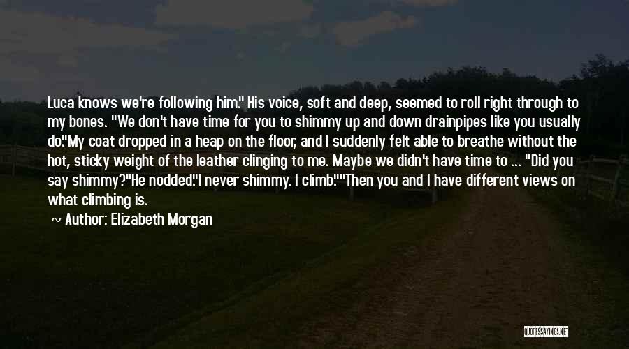 Elizabeth Morgan Quotes: Luca Knows We're Following Him. His Voice, Soft And Deep, Seemed To Roll Right Through To My Bones. We Don't