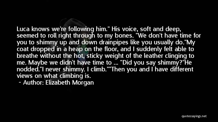 Elizabeth Morgan Quotes: Luca Knows We're Following Him. His Voice, Soft And Deep, Seemed To Roll Right Through To My Bones. We Don't