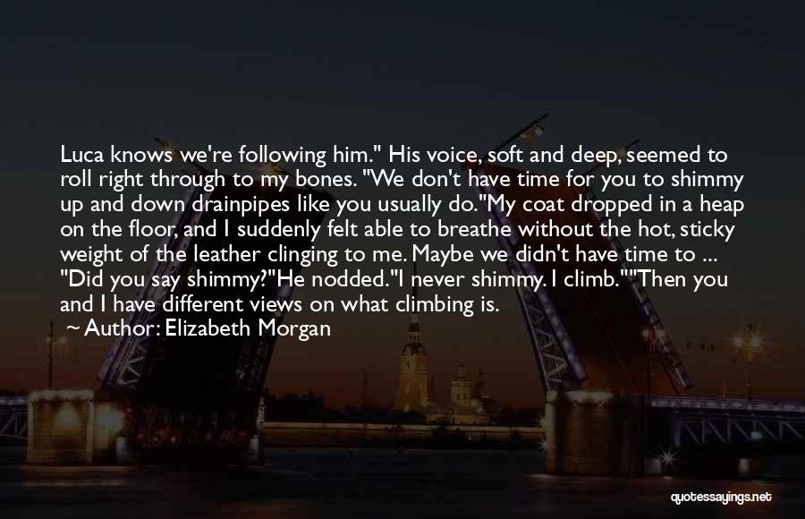 Elizabeth Morgan Quotes: Luca Knows We're Following Him. His Voice, Soft And Deep, Seemed To Roll Right Through To My Bones. We Don't