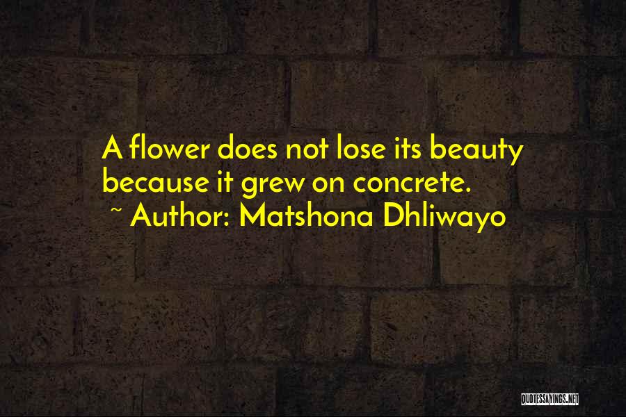 Matshona Dhliwayo Quotes: A Flower Does Not Lose Its Beauty Because It Grew On Concrete.