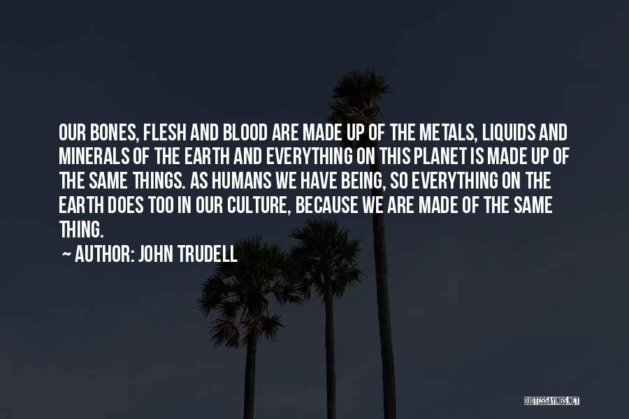 John Trudell Quotes: Our Bones, Flesh And Blood Are Made Up Of The Metals, Liquids And Minerals Of The Earth And Everything On