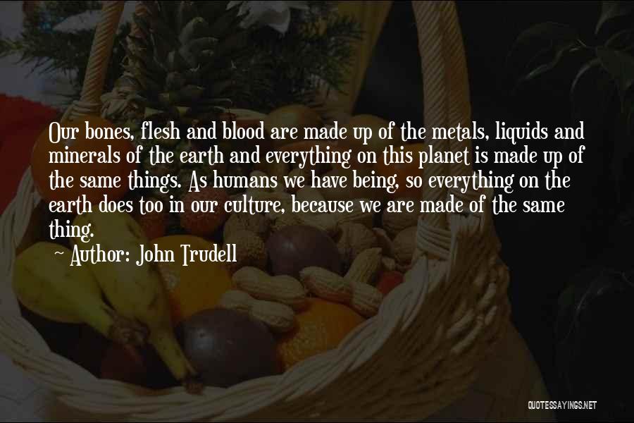 John Trudell Quotes: Our Bones, Flesh And Blood Are Made Up Of The Metals, Liquids And Minerals Of The Earth And Everything On