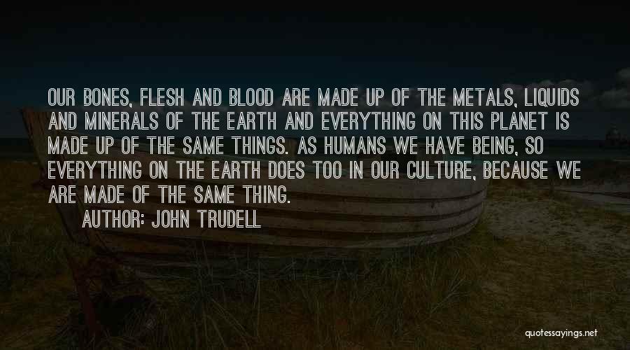 John Trudell Quotes: Our Bones, Flesh And Blood Are Made Up Of The Metals, Liquids And Minerals Of The Earth And Everything On