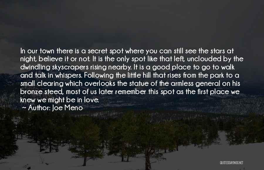 Joe Meno Quotes: In Our Town There Is A Secret Spot Where You Can Still See The Stars At Night, Believe It Or