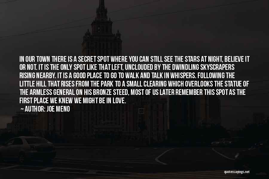 Joe Meno Quotes: In Our Town There Is A Secret Spot Where You Can Still See The Stars At Night, Believe It Or