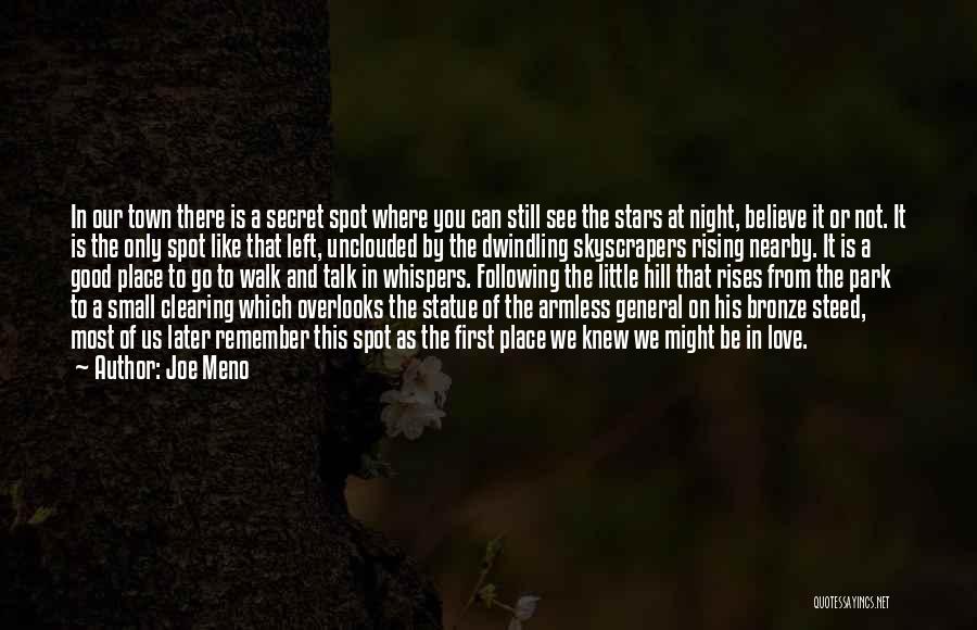 Joe Meno Quotes: In Our Town There Is A Secret Spot Where You Can Still See The Stars At Night, Believe It Or