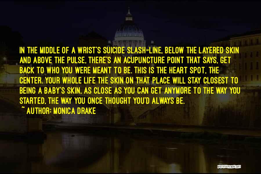 Monica Drake Quotes: In The Middle Of A Wrist's Suicide Slash-line, Below The Layered Skin And Above The Pulse, There's An Acupuncture Point