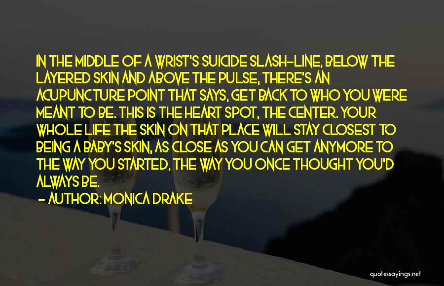 Monica Drake Quotes: In The Middle Of A Wrist's Suicide Slash-line, Below The Layered Skin And Above The Pulse, There's An Acupuncture Point