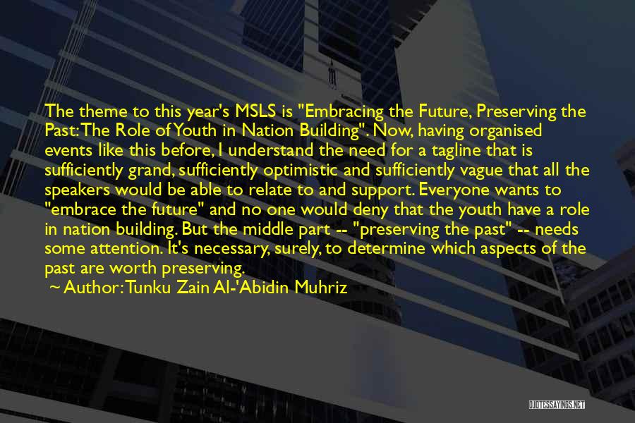 Tunku Zain Al-'Abidin Muhriz Quotes: The Theme To This Year's Msls Is Embracing The Future, Preserving The Past: The Role Of Youth In Nation Building.