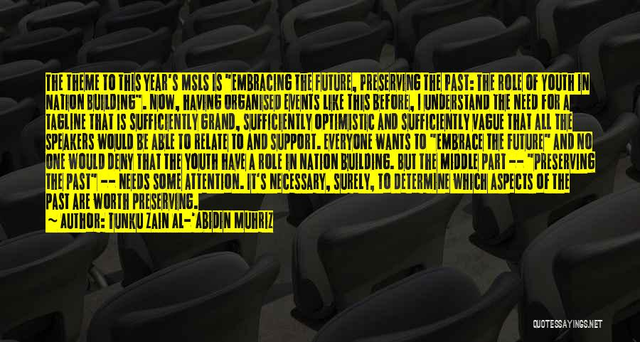 Tunku Zain Al-'Abidin Muhriz Quotes: The Theme To This Year's Msls Is Embracing The Future, Preserving The Past: The Role Of Youth In Nation Building.