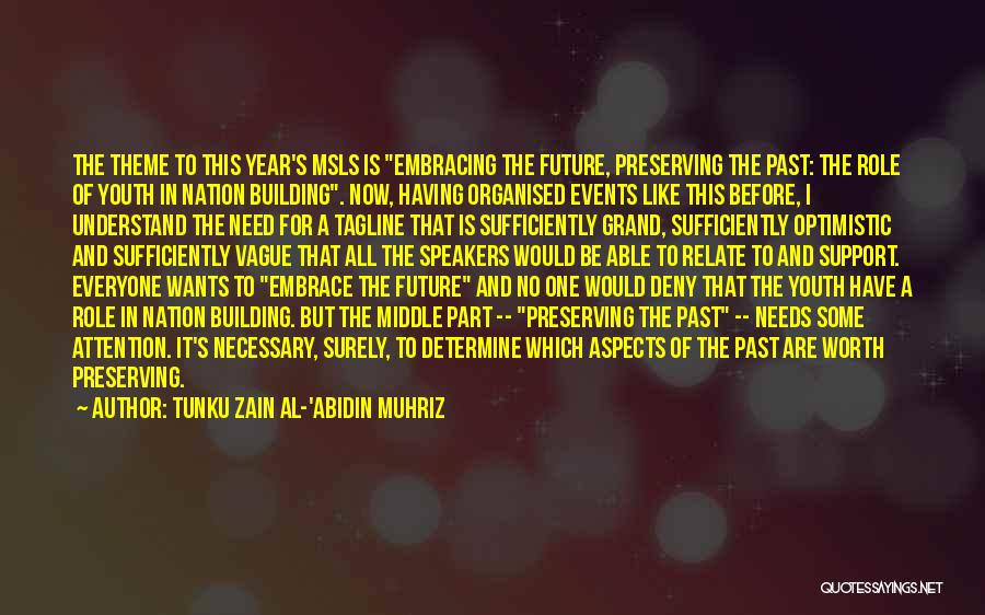 Tunku Zain Al-'Abidin Muhriz Quotes: The Theme To This Year's Msls Is Embracing The Future, Preserving The Past: The Role Of Youth In Nation Building.