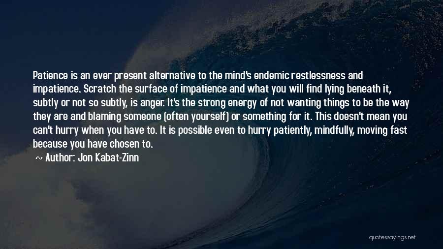 Jon Kabat-Zinn Quotes: Patience Is An Ever Present Alternative To The Mind's Endemic Restlessness And Impatience. Scratch The Surface Of Impatience And What