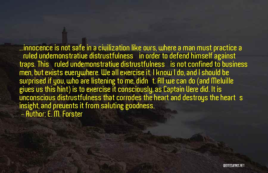 E. M. Forster Quotes: ...innocence Is Not Safe In A Civilization Like Ours, Where A Man Must Practice A 'ruled Undemonstrative Distrustfulness' In Order