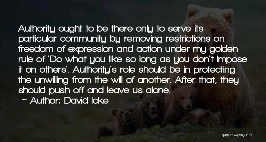 David Icke Quotes: Authority Ought To Be There Only To Serve Its Particular Community By Removing Restrictions On Freedom Of Expression And Action