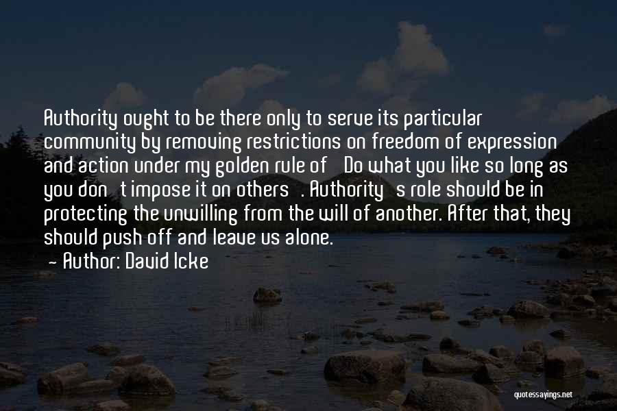 David Icke Quotes: Authority Ought To Be There Only To Serve Its Particular Community By Removing Restrictions On Freedom Of Expression And Action