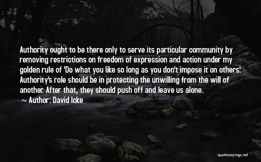 David Icke Quotes: Authority Ought To Be There Only To Serve Its Particular Community By Removing Restrictions On Freedom Of Expression And Action
