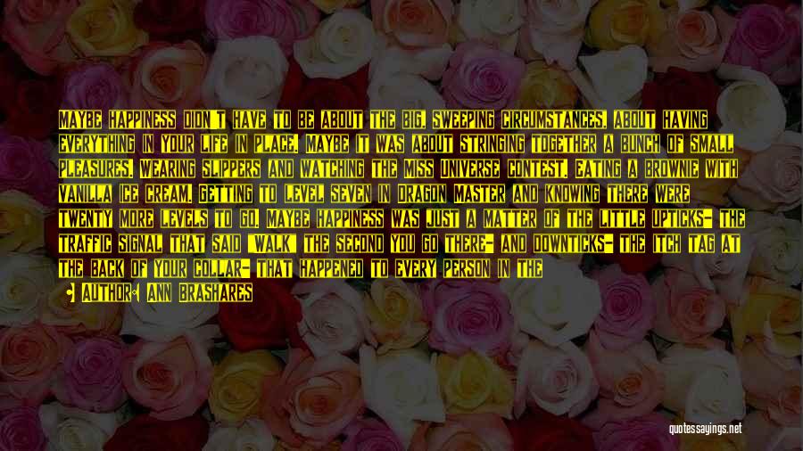 Ann Brashares Quotes: Maybe Happiness Didn't Have To Be About The Big, Sweeping Circumstances, About Having Everything In Your Life In Place. Maybe