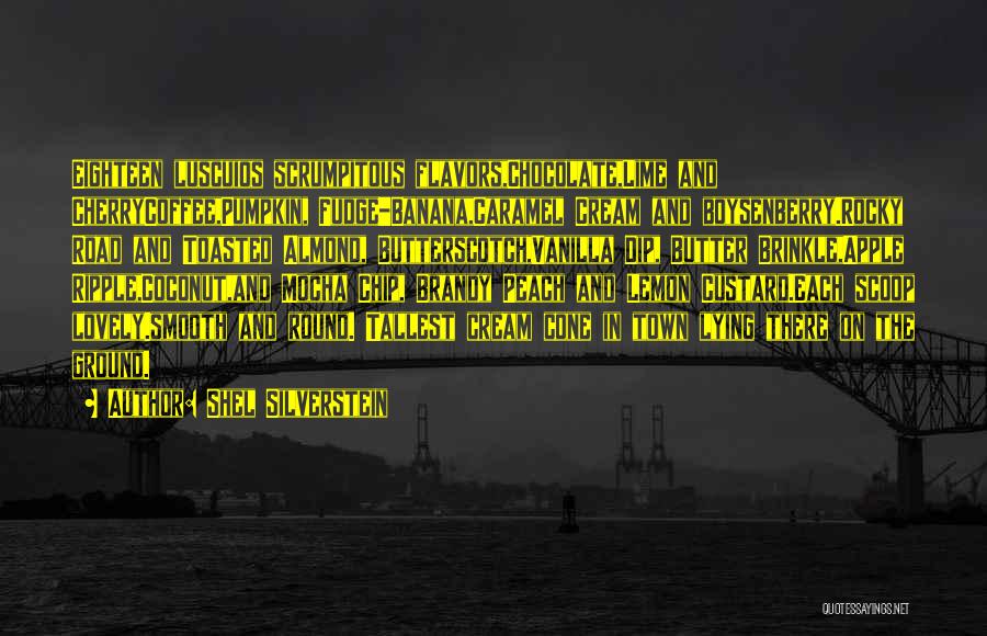 Shel Silverstein Quotes: Eighteen Luscuios Scrumpitous Flavors,chocolate,lime And Cherrycoffee,pumpkin, Fudge-banana,caramel Cream And Boysenberry.rocky Road And Toasted Almond, Butterscotch,vanilla Dip, Butter Brinkle,apple Ripple,coconut,and Mocha