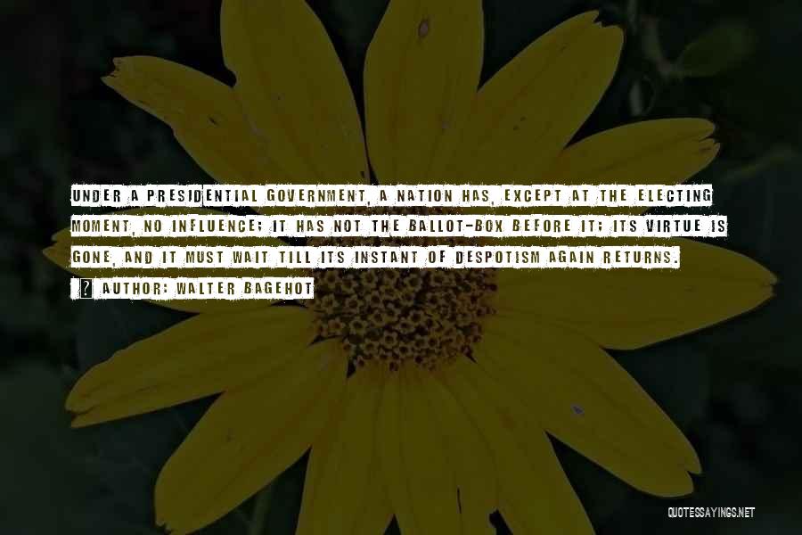 Walter Bagehot Quotes: Under A Presidential Government, A Nation Has, Except At The Electing Moment, No Influence; It Has Not The Ballot-box Before