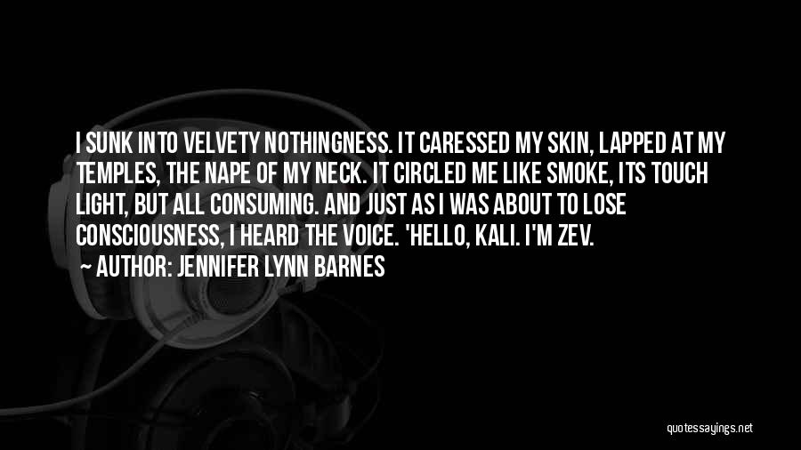 Jennifer Lynn Barnes Quotes: I Sunk Into Velvety Nothingness. It Caressed My Skin, Lapped At My Temples, The Nape Of My Neck. It Circled