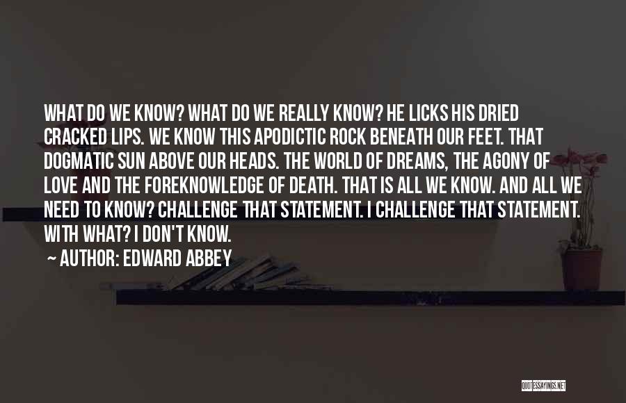 Edward Abbey Quotes: What Do We Know? What Do We Really Know? He Licks His Dried Cracked Lips. We Know This Apodictic Rock