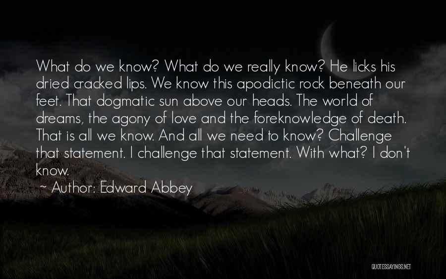 Edward Abbey Quotes: What Do We Know? What Do We Really Know? He Licks His Dried Cracked Lips. We Know This Apodictic Rock