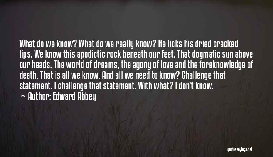 Edward Abbey Quotes: What Do We Know? What Do We Really Know? He Licks His Dried Cracked Lips. We Know This Apodictic Rock