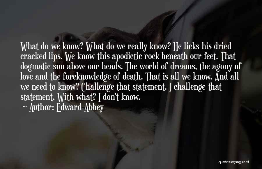 Edward Abbey Quotes: What Do We Know? What Do We Really Know? He Licks His Dried Cracked Lips. We Know This Apodictic Rock